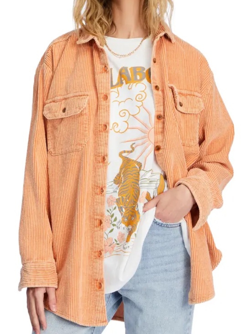 Billabong Oversized Corduroy Shirt Jacket - Peach Orange